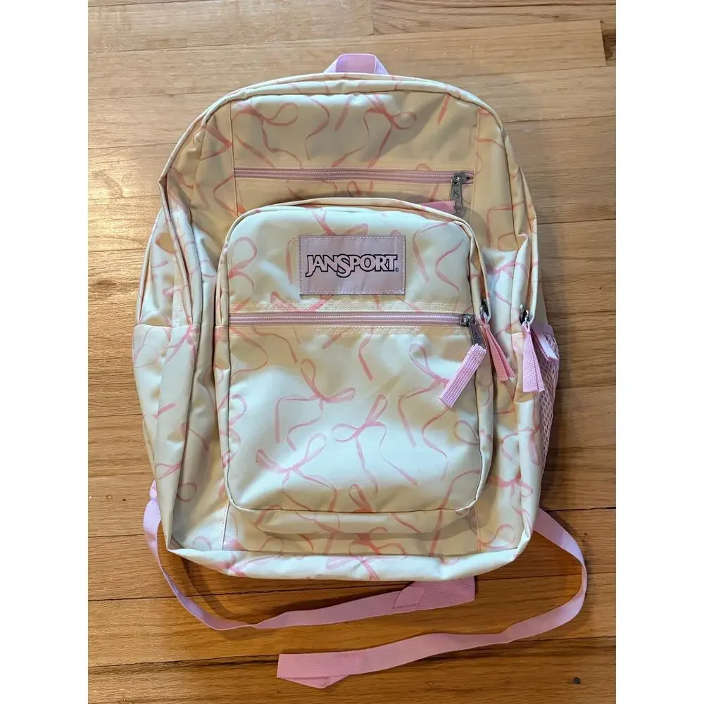 JanSport Big Student Cream & Pink Bow Print Backpack Coquette Preppy NWOT
